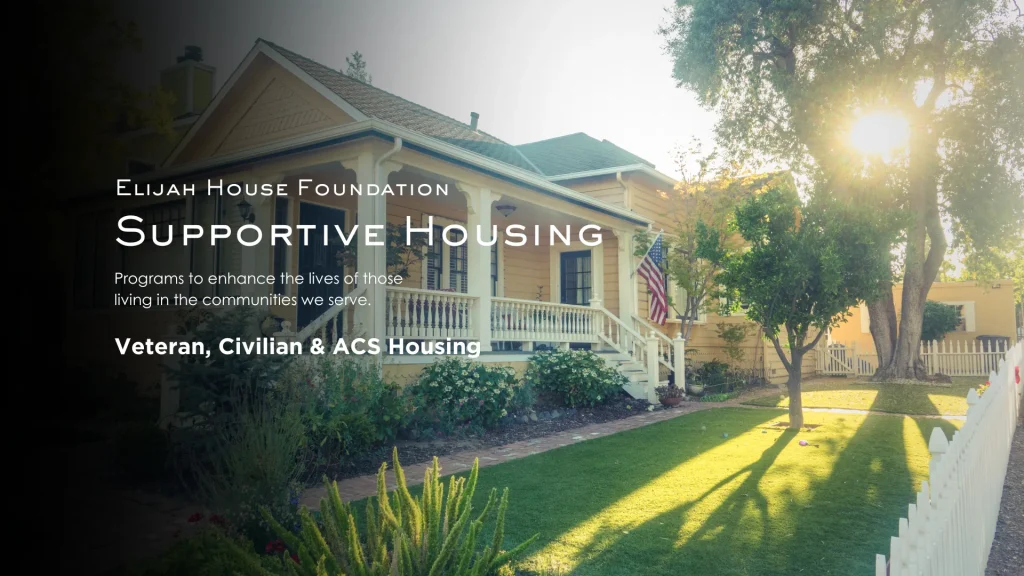 supportive housing facility with text suggesting support of veteran, civilian, and ACS housing